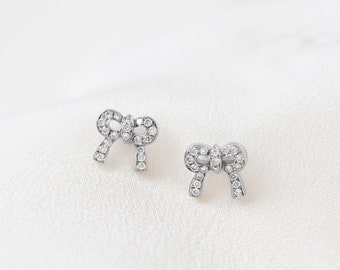 Mini Bow Earstuds  - Solid 14K White Gold Diamond Bow Ribbon Ear Stud - Handmade Jewellery