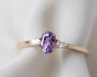 READY-TO-SHIP - One of a Kind Solène - 14K Yellow Gold Oval Lavender Purple Sapphire Three Stone Diamond Engagement Ring