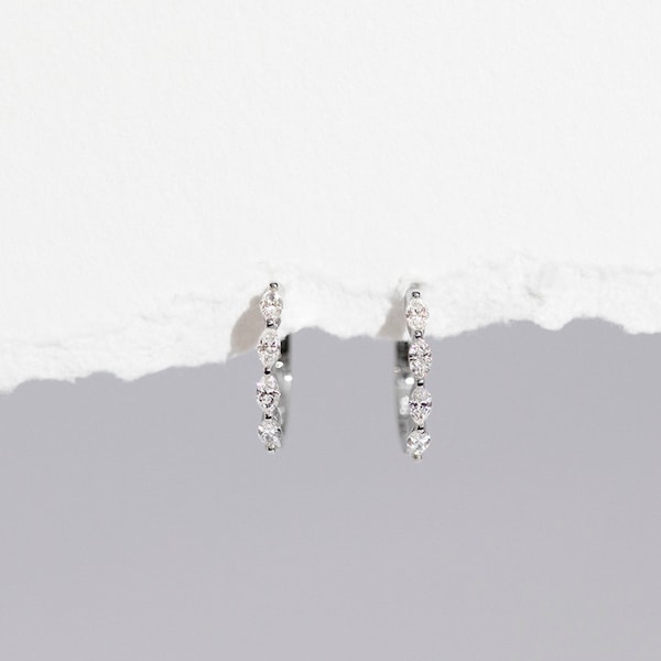 READY-TO-SHIP - Vesper Huggies - Solid 14K White Gold Marquise White Diamond Hoop Huggies Earring - Handmade Jewellery