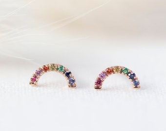 Mini Rainbow Earrings  - 14K Rose Gold Rainbow Sapphire Ear Stud - Handmade Jewellery