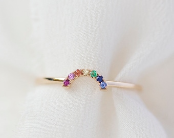 Mini Rainbow Ring  - 14K Yellow Gold Rainbow Sapphire Ring - Handmade Jewellery