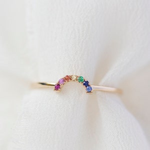 READY-TO-SHIP Mini Rainbow Ring 14K Yellow Gold Rainbow Sapphire Ring Handmade Jewellery image 1