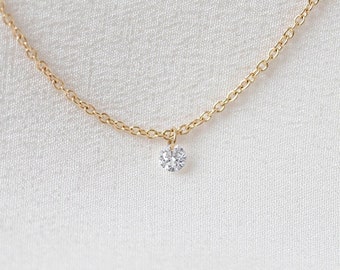 Solstice Necklace (Petite) - 14K Yellow Gold Floating Drilled Diamond Necklace - Handmade Jewellery