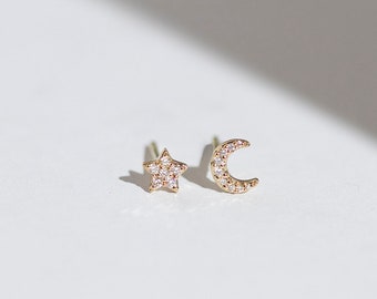 Mini Moon & Star Diamond Earstuds  - Solid 14K Yellow Gold White Diamond Ear Stud - Handmade Jewellery