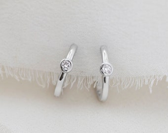 Astrid Huggies - Solid 14K White Gold White Diamond Hoop Huggies Earring - Handmade Jewellery