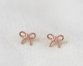 Mon Chéri Bow Studs - Solid 14K Rose Gold Ribbon Bow Earring - Handmade Jewellery