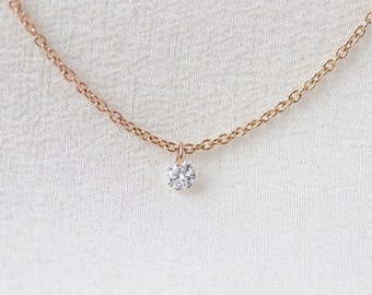 Solstice Necklace (Petite) - 14K Rose Gold Floating Drilled Diamond Necklace - Handmade Jewellery