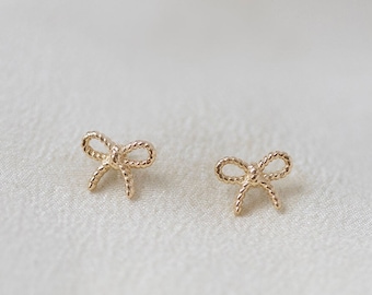 Mon Chéri Bow Studs - Solid 14K Yellow Gold Ribbon Bow Earring - Handmade Jewellery