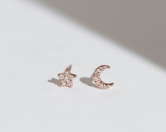 Mini Moon & Star Diamond Earstuds  - Solid 14K Rose Gold White Diamond Ear Stud - Handmade Jewellery