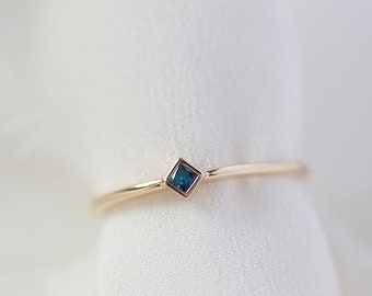 Astra  - 14K Yellow Gold Princess Cut Blue Diamond Bezel Ring - Handmade Jewellery