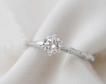 Whimsical Delores  - 14K White Gold Round Tree Bark Band Solitaire Engagement Diamond Ring - Handmade Jewellery