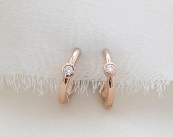 Astrid Huggies - Solid 14K Rose Gold White Diamond Hoop Huggies Earring - Handmade Jewellery