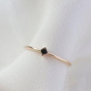 Astra  - 14K Yellow Gold Princess Cut Black Diamond Bezel Ring - Handmade Jewellery