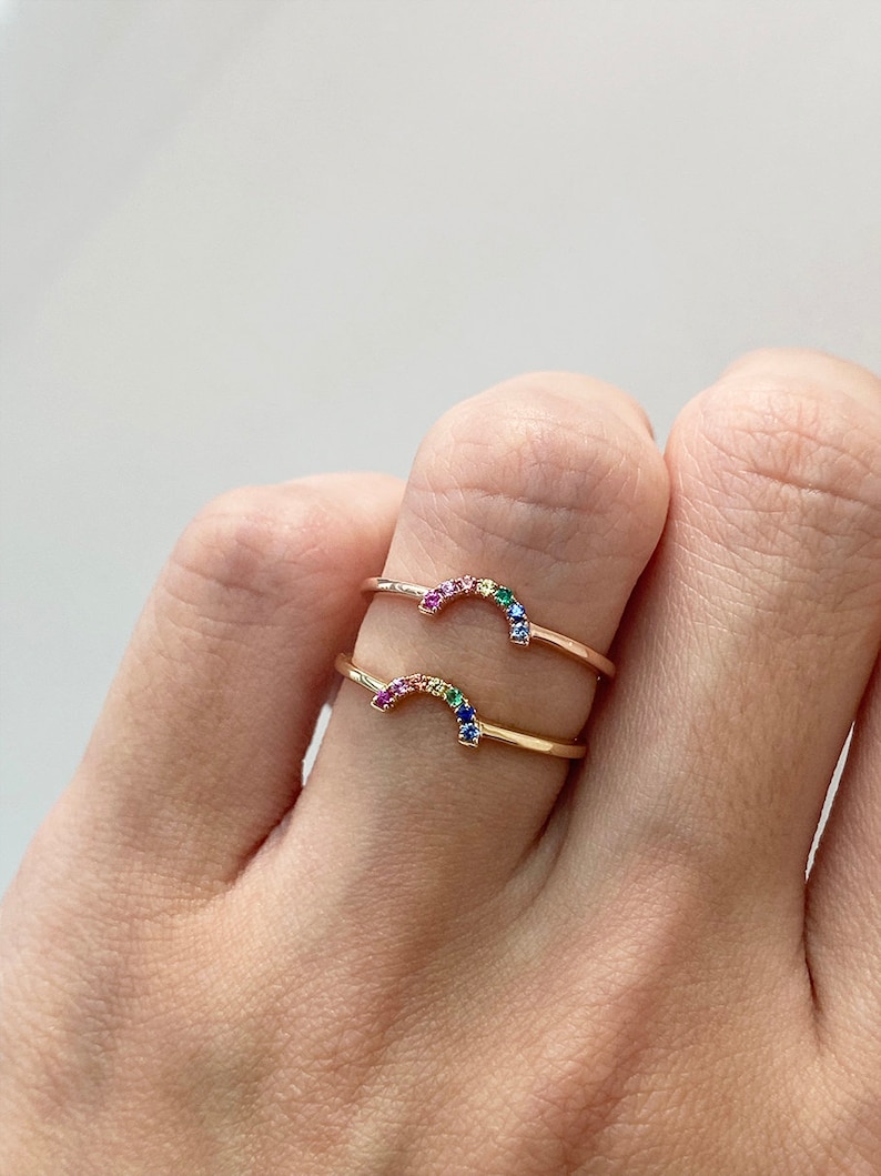 READY-TO-SHIP Mini Rainbow Ring 14K Yellow Gold Rainbow Sapphire Ring Handmade Jewellery image 4