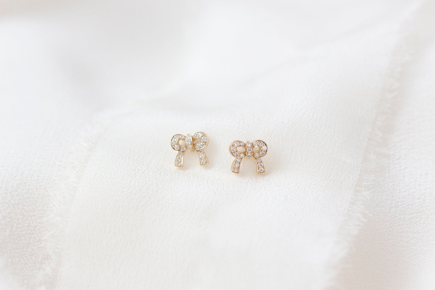 Mini Bow Earstuds  - Solid 14K Yellow Gold Diamond Bow Ribbon Ear Stud - Handmade Jewellery