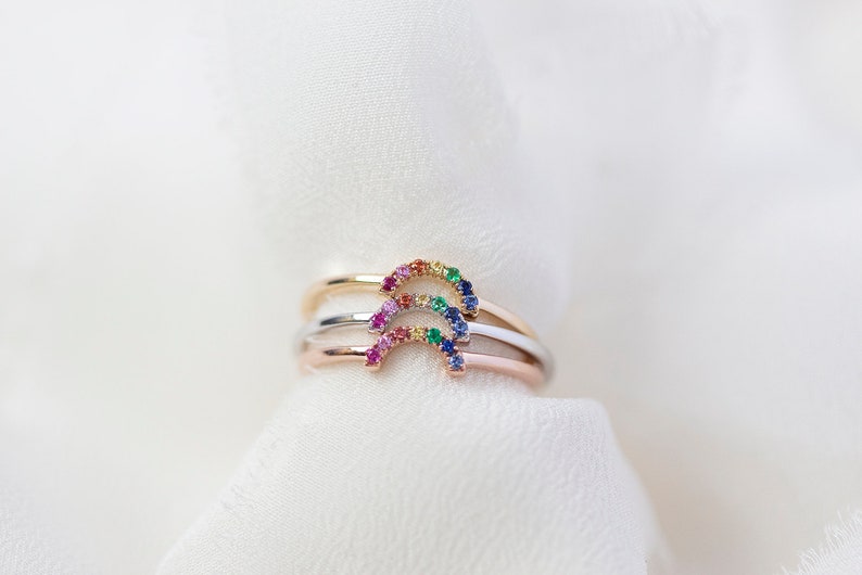 READY-TO-SHIP Mini Rainbow Ring 14K Yellow Gold Rainbow Sapphire Ring Handmade Jewellery image 3