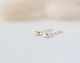 Baby Diamond Earrings 14K Yellow Gold White Diamond Ear Stud Handmade  Jewellery