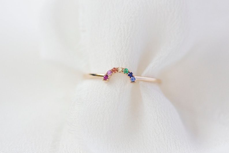 READY-TO-SHIP Mini Rainbow Ring 14K Yellow Gold Rainbow Sapphire Ring Handmade Jewellery image 1