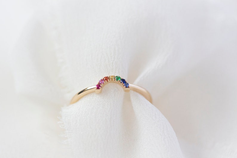 READY-TO-SHIP Mini Rainbow Ring 14K Yellow Gold Rainbow Sapphire Ring Handmade Jewellery image 2