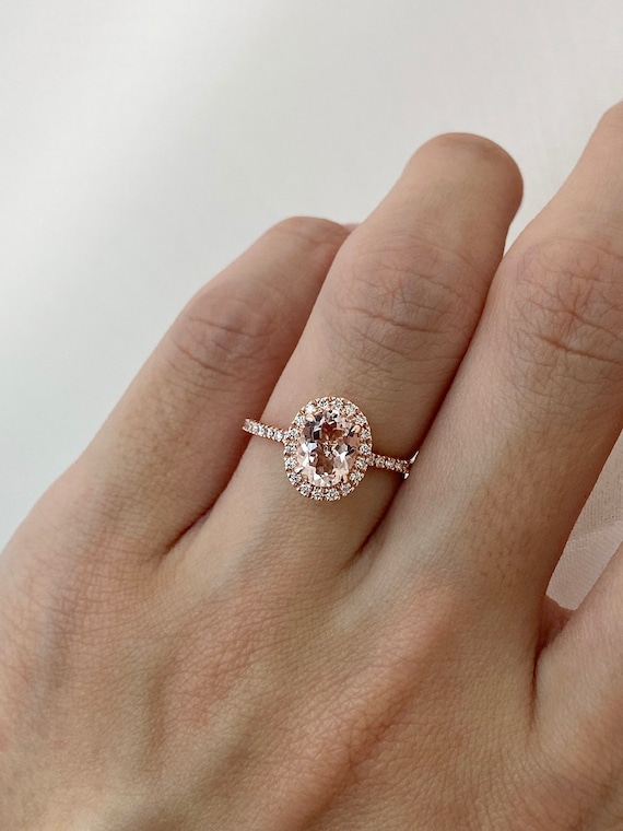 Odessa 14K Rose Oval Pink Morganite White Diamond Halo Pave Ring