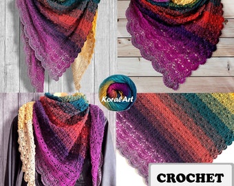 Puede incluir: Un patrón de chal de ganchillo con un degradado de colores vivos que va del azul turquesa al amarillo, al naranja, al rojo, al morado y al negro. El chal está hecho con un punto de encaje delicado y tiene un borde festoneado. El patrón está disponible para descargar e incluye instrucciones para tejer el chal.