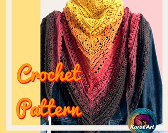 Puede incluir: Patrón de crochet para un chal triangular con un degradado de hilo marrón, rojo, naranja y amarillo. El chal está tejido a crochet con un delicado patrón de encaje y tiene un borde festoneado. El texto "Crochet Pattern" es visible en la imagen.