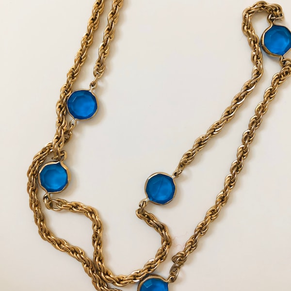 Vintage 40s Style Gold Chain || Blue Beaded Necklace