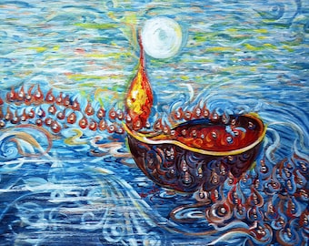 Moon over the Ocean, Original Painting, Prayer Offering Diya in Ganga, river, Varanasi, India, Ornate, décor, Ganges, Indian, by Harsh Malik