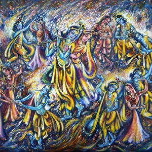 Museum Quality Print of Original Painting, Modern, Contemporary Art, RAAS Leela, Divine Dance, LOVE, Flute Player, GoodLuck by Harsh Malik image 1