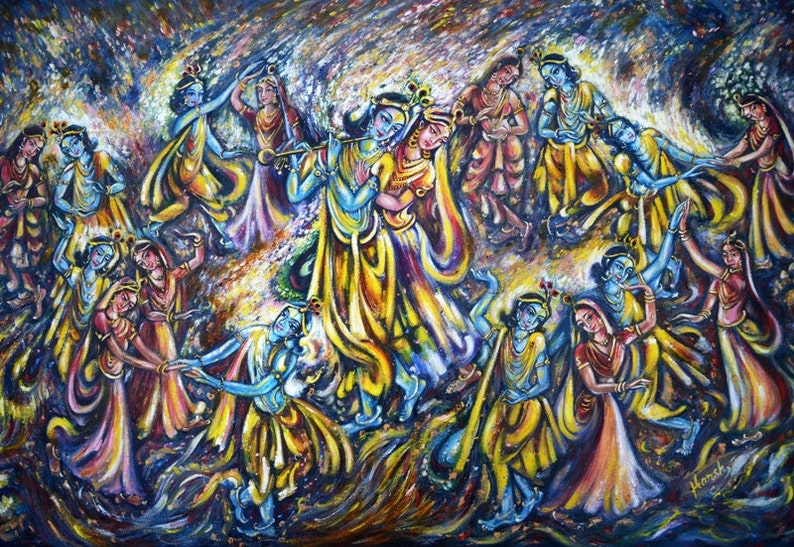 Museum Quality Print of Original Painting, Modern, Contemporary Art, RAAS Leela, Divine Dance, LOVE, Flute Player, GoodLuck by Harsh Malik image 1