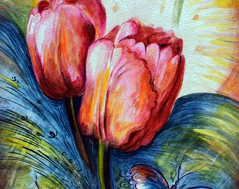 Original Painting Pink Tulips, Butterfly, Modern, Art, Contemporary, Water Color, fantasy, bright, Love Art, Christmas Gifts, by Harsh Malik