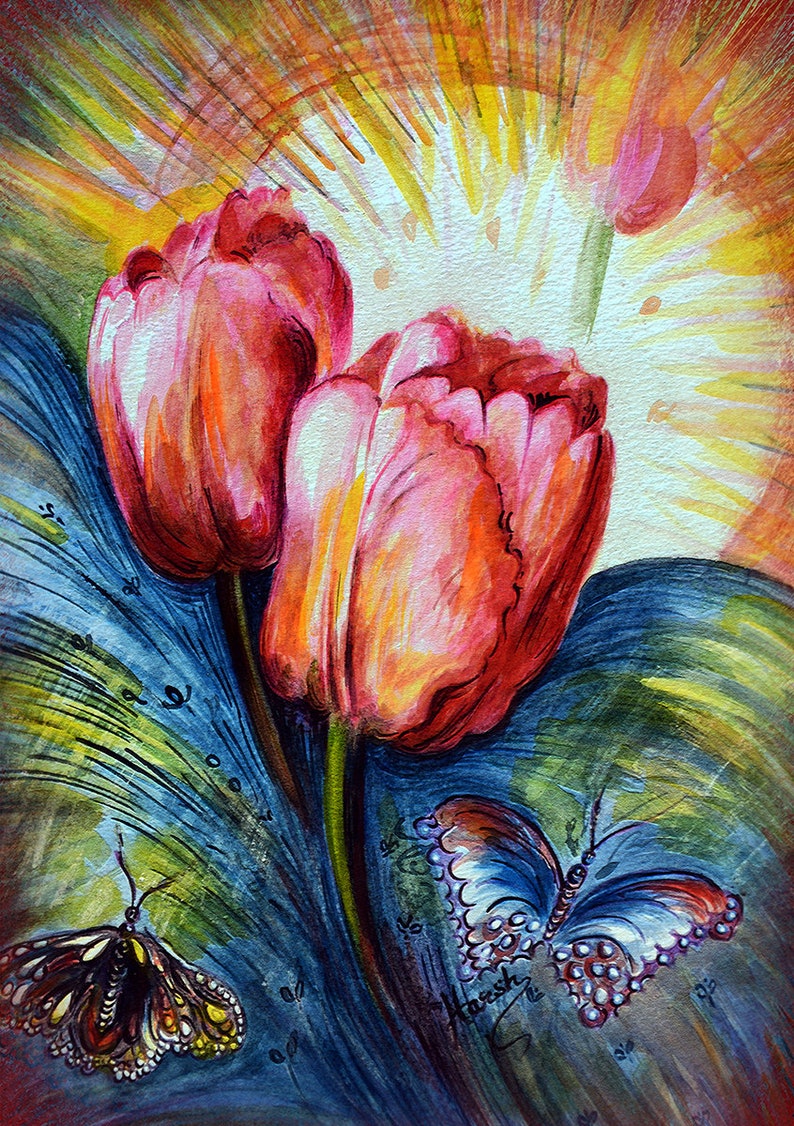 Original Painting Pink Tulips, Butterfly, Modern, Art, Contemporary, Water Color, fantasy, bright, Love Art, Christmas Gifts, by Harsh Malik image 1