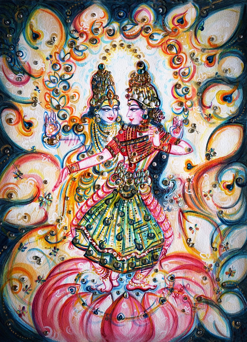 Lakshmi Narayana, God Vishnu, Cosmic Dance, Divine Lovers, heaven, dancing Painting, Peacock, HareKrishna, Crystal, India Art by Harsh Malik image 1
