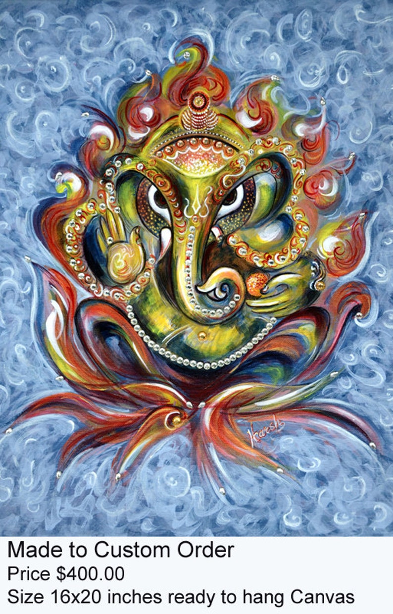 Aum, Vintage, Ganesha, Symbolic, Painting, Elephant God, Ganesh, India, Wisdom, Obstacles Remover, Modern, Swarovski, crystals, Harsh Malik image 2