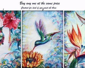 Unique, original, Contemporary, flying jewel in nature, hummingbird painting, beautiful scene, sunflower, hibiscus, bird of paradise, hummer