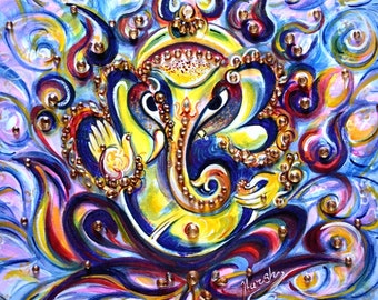 Aum, Vintage, Ganesha, Symbolisk, Målning, Elefantgud, Ganesh, Indien, Visdom, Hinderborttagare, Modern, Swarovski, kristaller, Harsh Malik