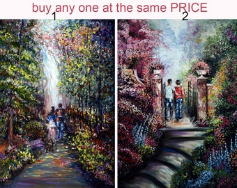 Spring Painting, Heavenly Landscape, Couple, WaterFall, FloweryPath, Nature, Modern, Contemporary, Impressionist, Fantasy Art by Harsh Malik