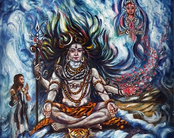 Shiva, Original Painting, Meditation, Yoga, Ganga, Indian, Mythology, Colorful, Bright Art, Modern, Spiritual, Impressionist, By Harsh Malik