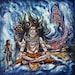 May include: A colorful painting depicting the Hindu deity Shiva, sitting in a meditative pose with his third eye open. He is surrounded by swirling blue and green colors, and a tiger head is visible at his feet. A smaller figure of a woman is visible in the upper right corner of the painting.