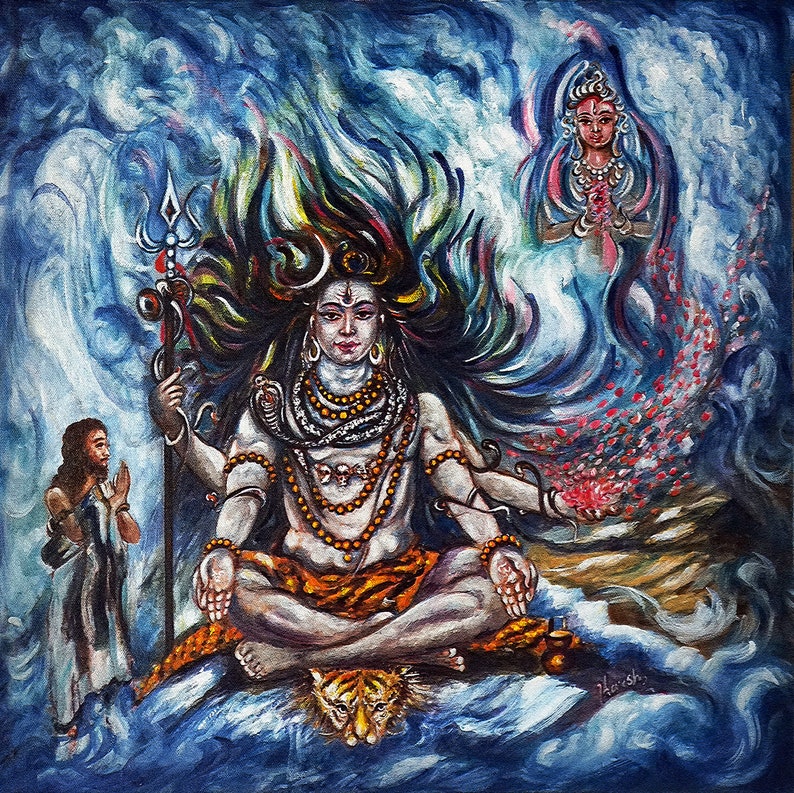 May include: A colorful painting depicting the Hindu deity Shiva, sitting in a meditative pose with his third eye open. He is surrounded by swirling blue and green colors, and a tiger head is visible at his feet. A smaller figure of a woman is visible in the upper right corner of the painting.