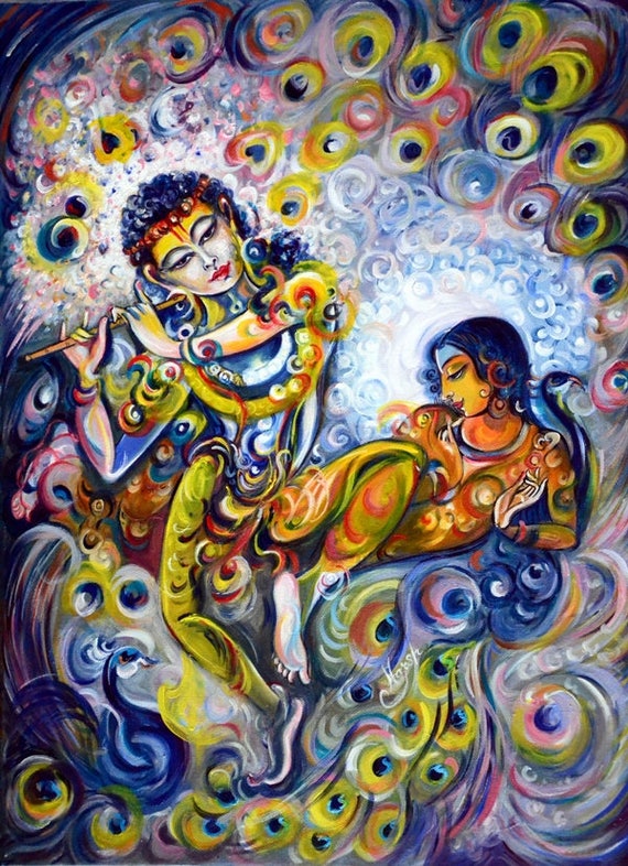 Unique Modern Love Radha Krishna Flute Dance Original Painting Divine Lovers Peacock Hare Krishna Contemporary Art By Harsh Malik