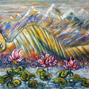Buddhist Original Painting, Sleeping Buddha, Giraffe, Golden Peace, Himalaya, Lotus, Water, Mountains, impressionist, Art by Harsh Malik