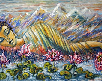 悟り、仏陀、オリジナル、現代絵画、蓮、平和、涅槃、覚醒、現代