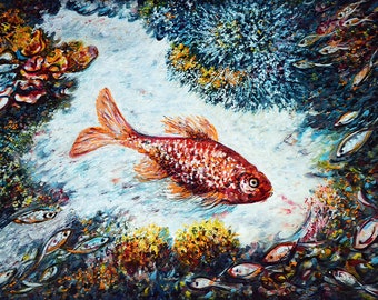 Unique, Contemporary, impressionist Original under water, Ocean Painting. Abstract, Coral reefs, Goldfish, fishes, beautiful Art Harsh Malik