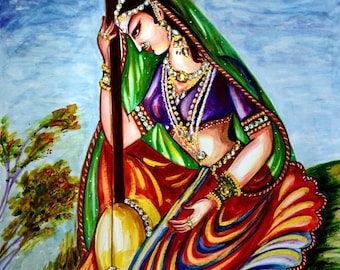 Original, Prayer Painting, Krishna, Devotional, Indian Woman, Musical, Tanpura Playing, Rajasthani Dress, Crystals Design by Harsh Malik