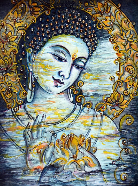 悟り、仏陀、オリジナル、現代絵画、蓮、平和、涅槃、覚醒、現代