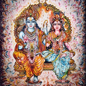 Original Painting Divine lovers Rama Sita blessings from heaven, Ramayana, Ram Rajya, Cosmic, heavenly, Modern, impressionism  - Harsh Malik
