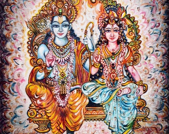 Original Painting Divine lovers Rama Sita blessings from heaven, Ramayana, Ram Rajya, Cosmic, heavenly, Modern, impressionism  - Harsh Malik
