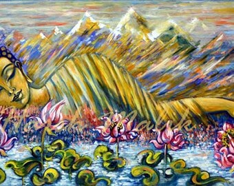 Buddhist Original Painting, Sleeping Buddha, Giraffe, Golden Peace, Himalaya, Lotus, Water, Mountains, impressionist, Art by Harsh Malik