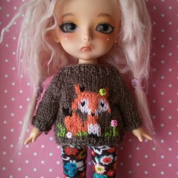 Fox sweater for Lati Yellow/ Pukifee, Mini Mui-Chan doll. Handmade jumper for bjd.